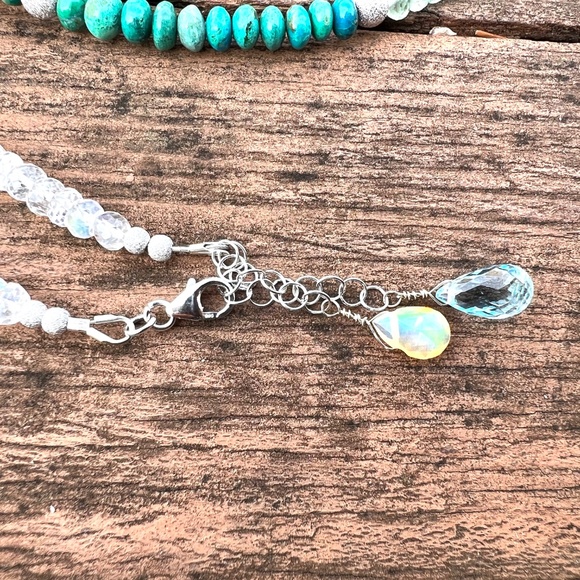 Natural Chrysocolla, Aquamarine, Moonstone Wrap Bracelet Necklace 14k White Gold - Picture 3 of 11